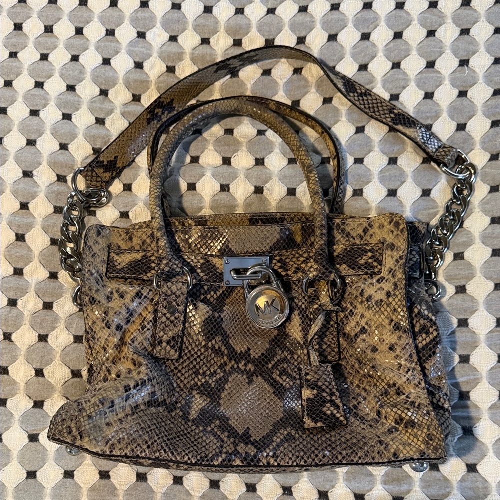 Michael Kors Snakeskin-Print Leather Satchel in Brown and Black